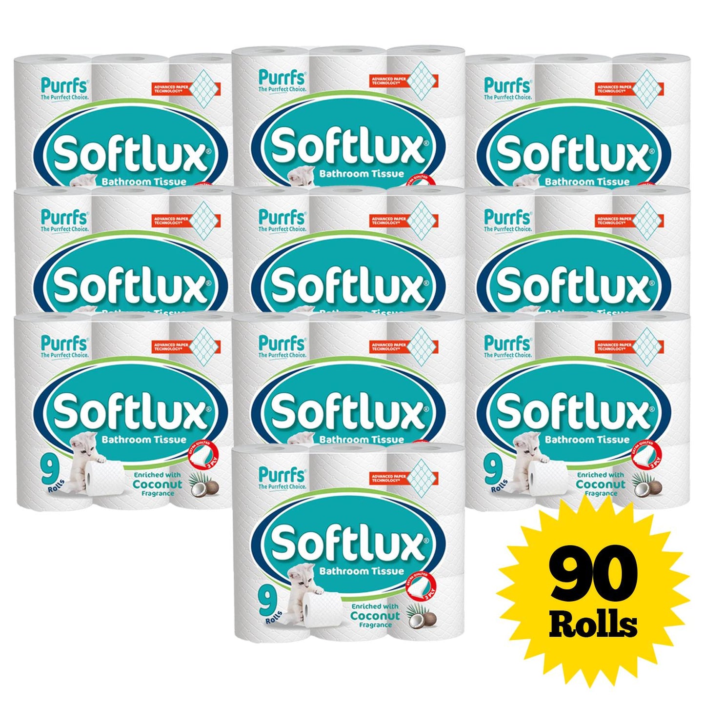Purrfs Softlux 3-Ply White Toilet Paper 90 Rolls Pack of 10 x 9 Rolls - 25% Thicker Compared to Normal Quilts disposable bathroom toilet paper & wipes